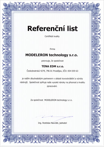 TENA EDM - certifikát kvality dodávaných služeb - CNC obrábění, EDM řezání, výroby nástrojů a forem