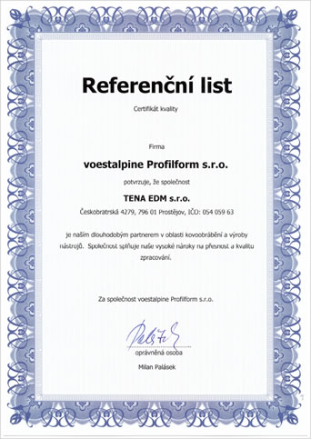 TENA EDM - certifikát kvality dodávaných služeb - CNC obrábění, EDM řezání, výroby nástrojů a forem